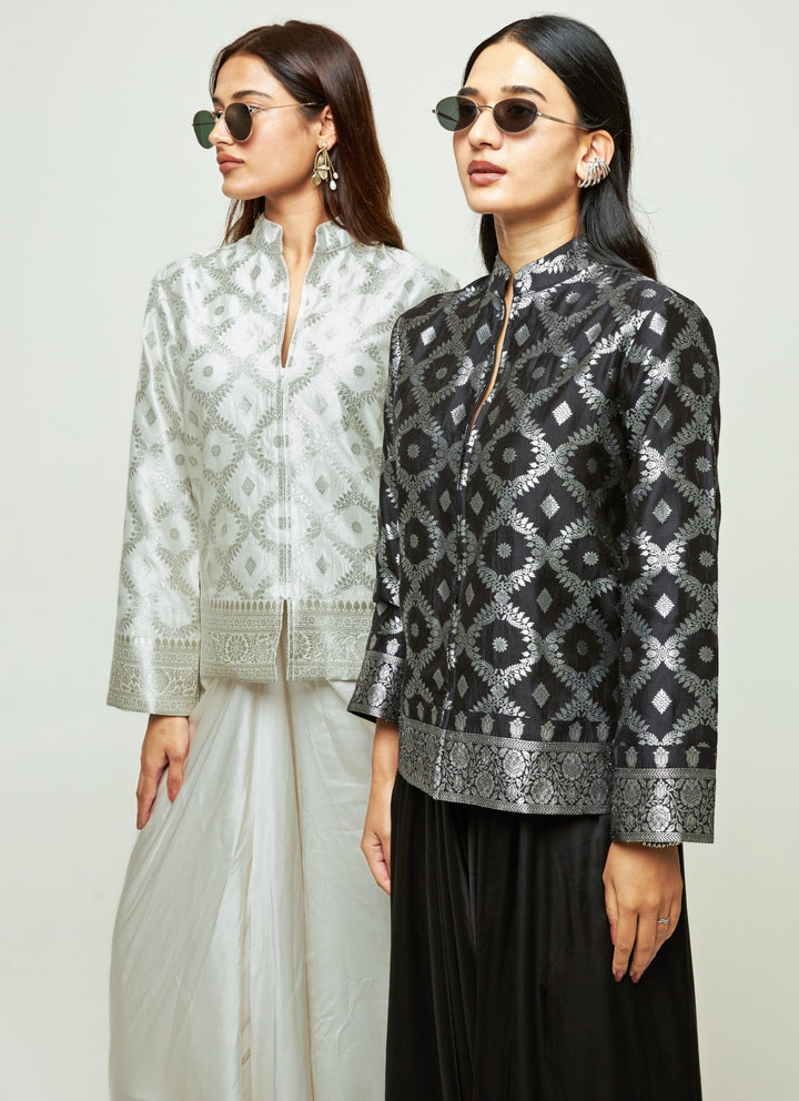Sobariko Ivory Brocade Silk Jacket With Drape Skirt SetFabilicious Fashion
