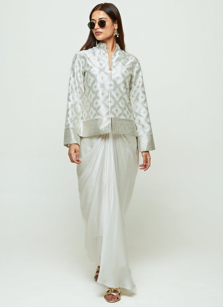 Sobariko Ivory Brocade Silk Jacket With Drape Skirt SetFabilicious Fashion