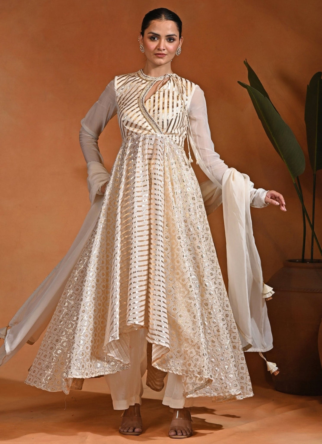 Rishi and Vibhuti Ivory Chanderi Anarkali SetFabilicious Fashion