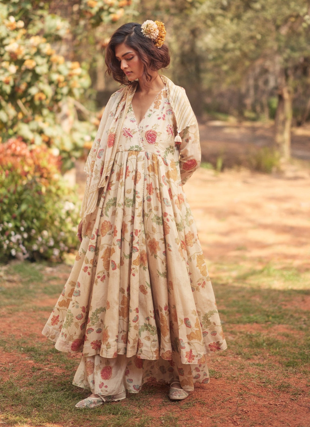 Ivory Chanderi Anarkali With Skirt Set Paulmi and Harsh - Fabilicious Fashion