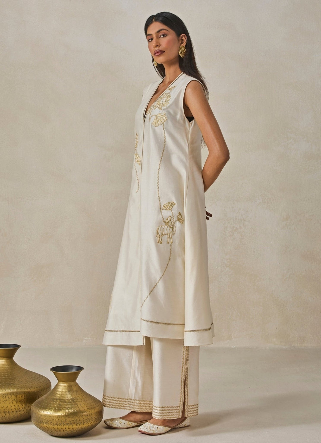 Ivory Chanderi Applique Kurta Palazzo Set Nitika Gujral - Fabilicious Fashion