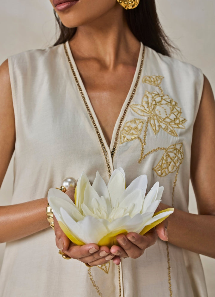 Ivory Chanderi Applique Kurta Palazzo Set Nitika Gujral - Fabilicious Fashion