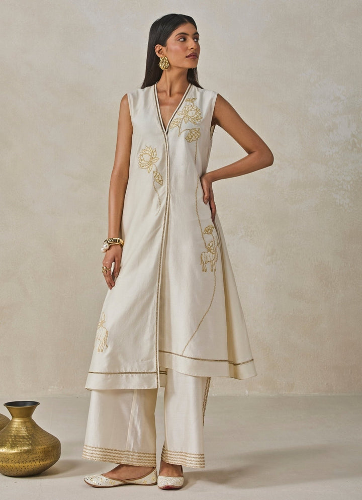 Ivory Chanderi Applique Kurta Palazzo Set Nitika Gujral - Fabilicious Fashion