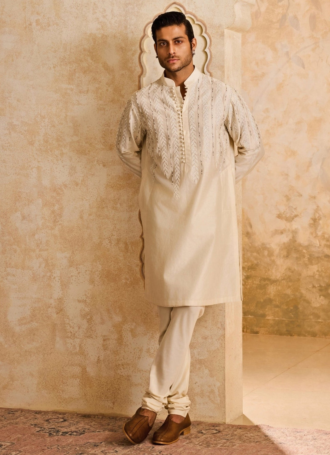 Ivory Chanderi Applique Kurta Set Nitika Gujral - Men - Fabilicious Fashion