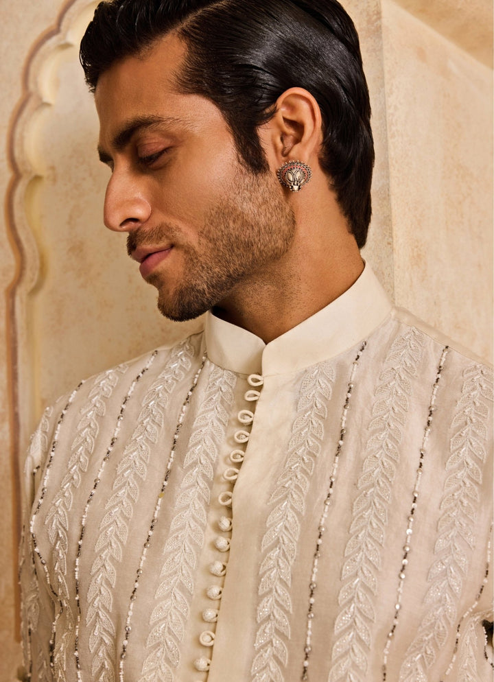 Ivory Chanderi Applique Kurta Set Nitika Gujral - Men - Fabilicious Fashion