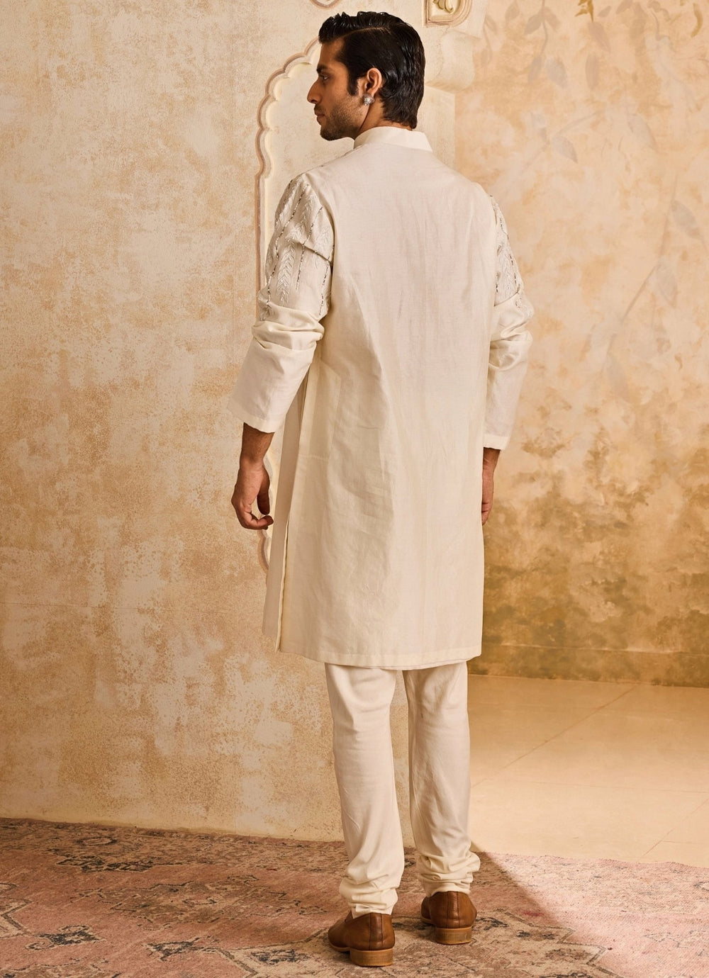 Ivory Chanderi Applique Kurta Set Nitika Gujral - Men - Fabilicious Fashion