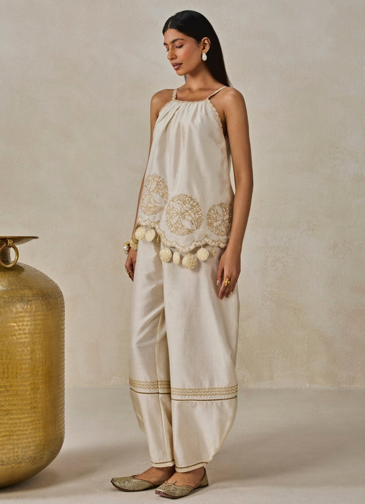 Nitika Gujral Ivory Chanderi Applique Top And Palazzo SetFabilicious Fashion