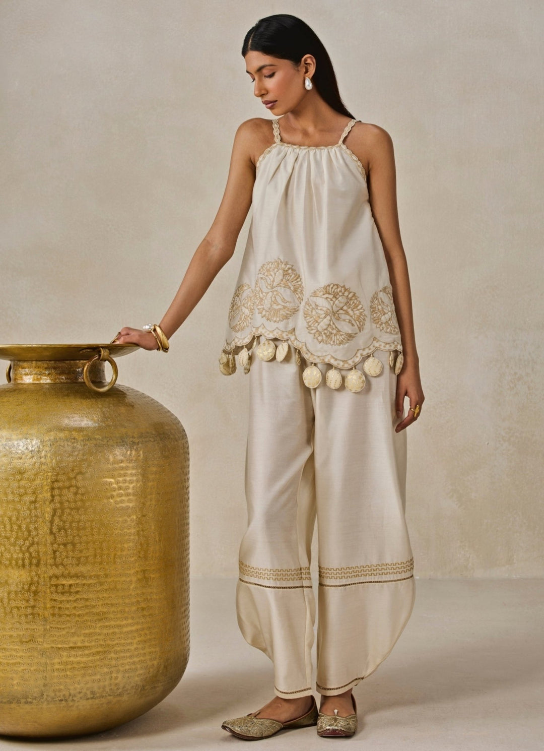 Ivory Chanderi Applique Top And Palazzo Set Nitika Gujral - Fabilicious Fashion