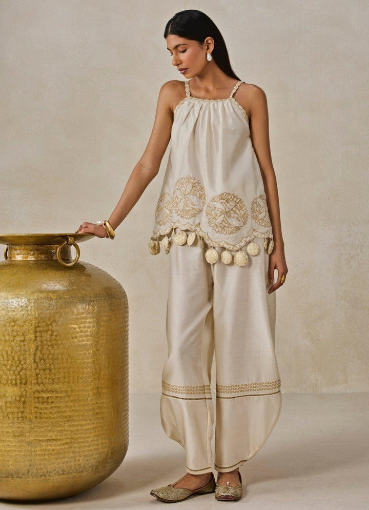 Nitika Gujral Ivory Chanderi Applique Top And Palazzo SetFabilicious Fashion