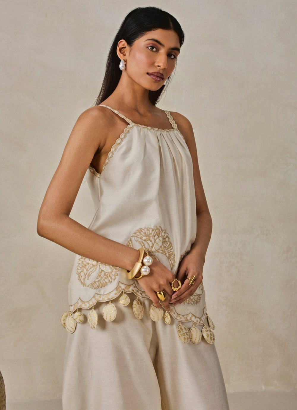 Ivory Chanderi Applique Top And Palazzo Set Nitika Gujral - Fabilicious Fashion