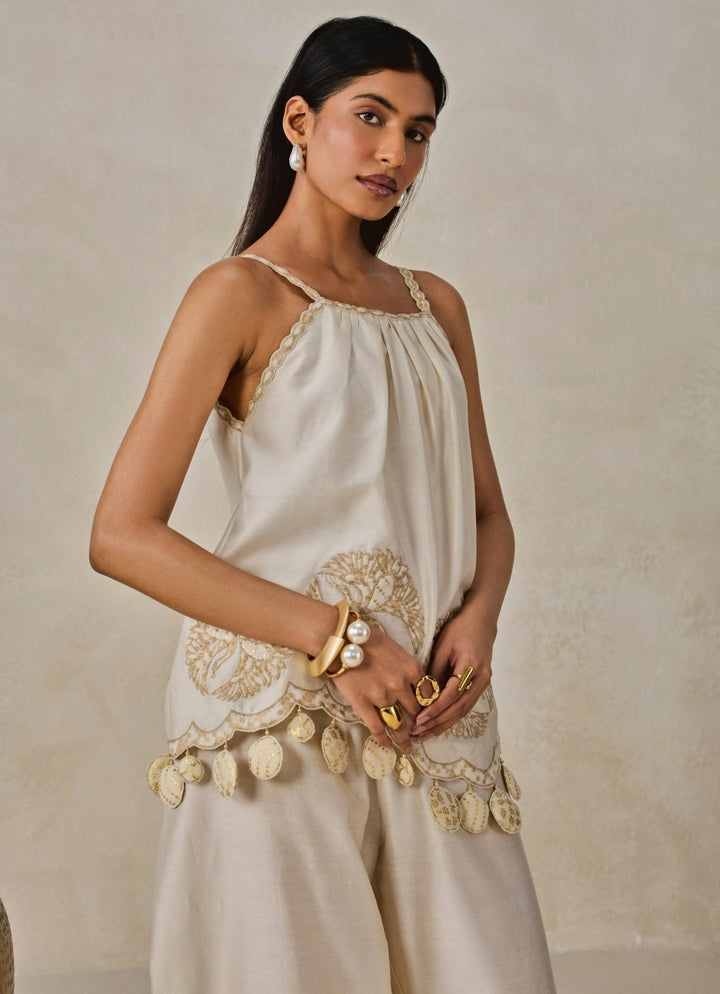 Nitika Gujral Ivory Chanderi Applique Top And Palazzo SetFabilicious Fashion