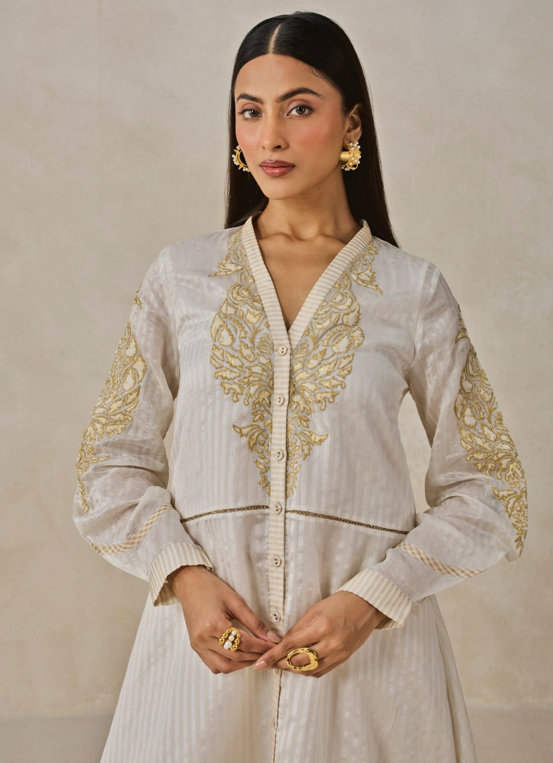 Ivory Chanderi Asymmetrical Kurta Salwar Set Nitika Gujral - Fabilicious Fashion