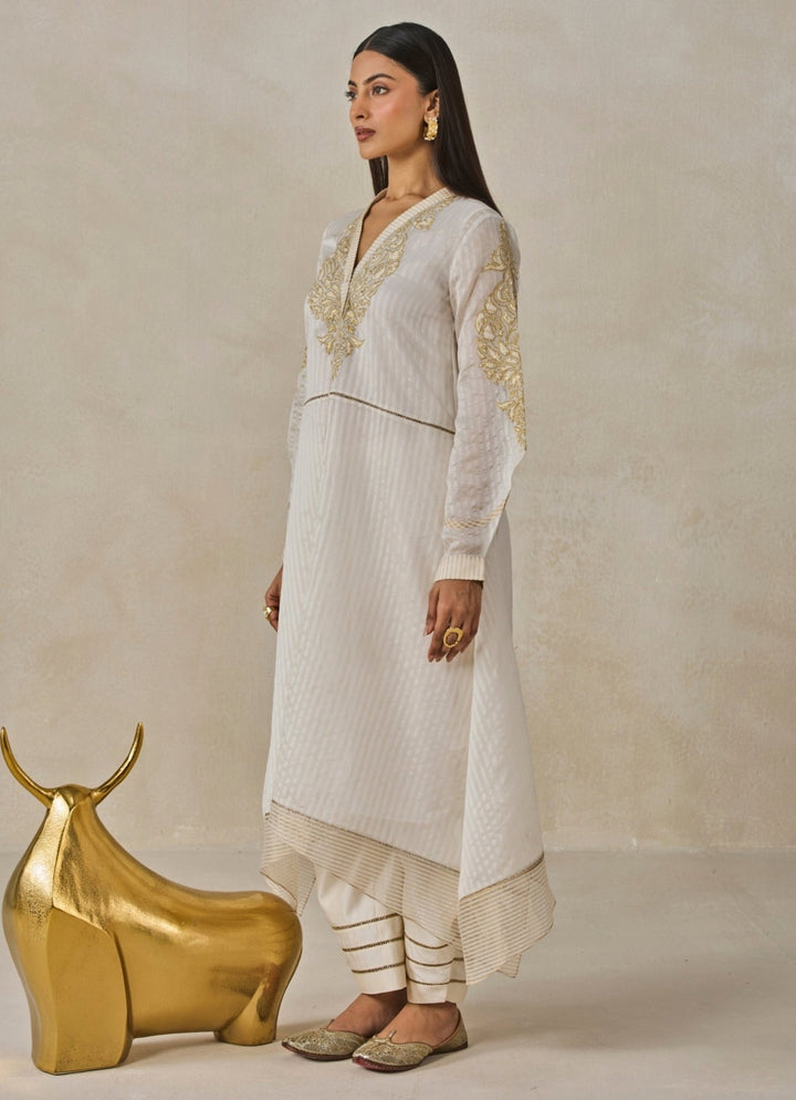 Ivory Chanderi Asymmetrical Kurta Salwar Set Nitika Gujral - Fabilicious Fashion