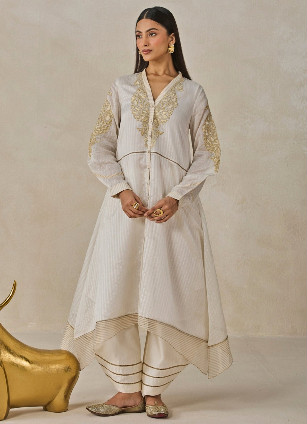 Ivory Chanderi Asymmetrical Kurta Salwar Set Nitika Gujral - Fabilicious Fashion
