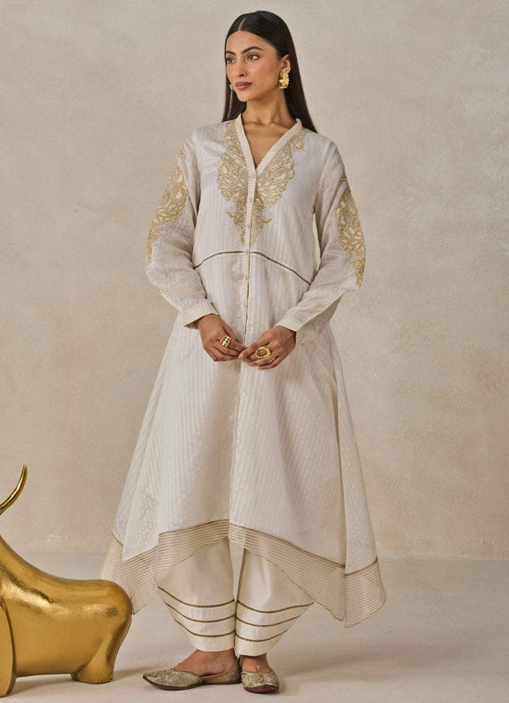 Ivory Chanderi Asymmetrical Kurta Salwar Set Nitika Gujral - Fabilicious Fashion