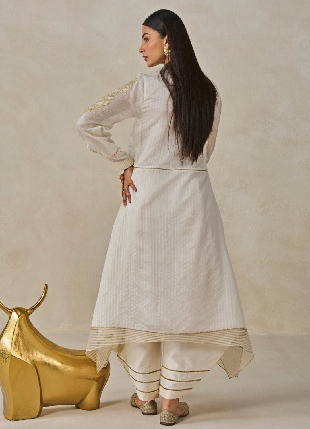 Ivory Chanderi Asymmetrical Kurta Salwar Set Nitika Gujral - Fabilicious Fashion