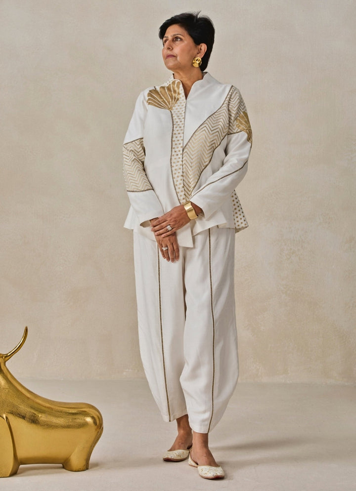 Ivory Chanderi Jacket And Pant Set Nitika Gujral - Fabilicious Fashion