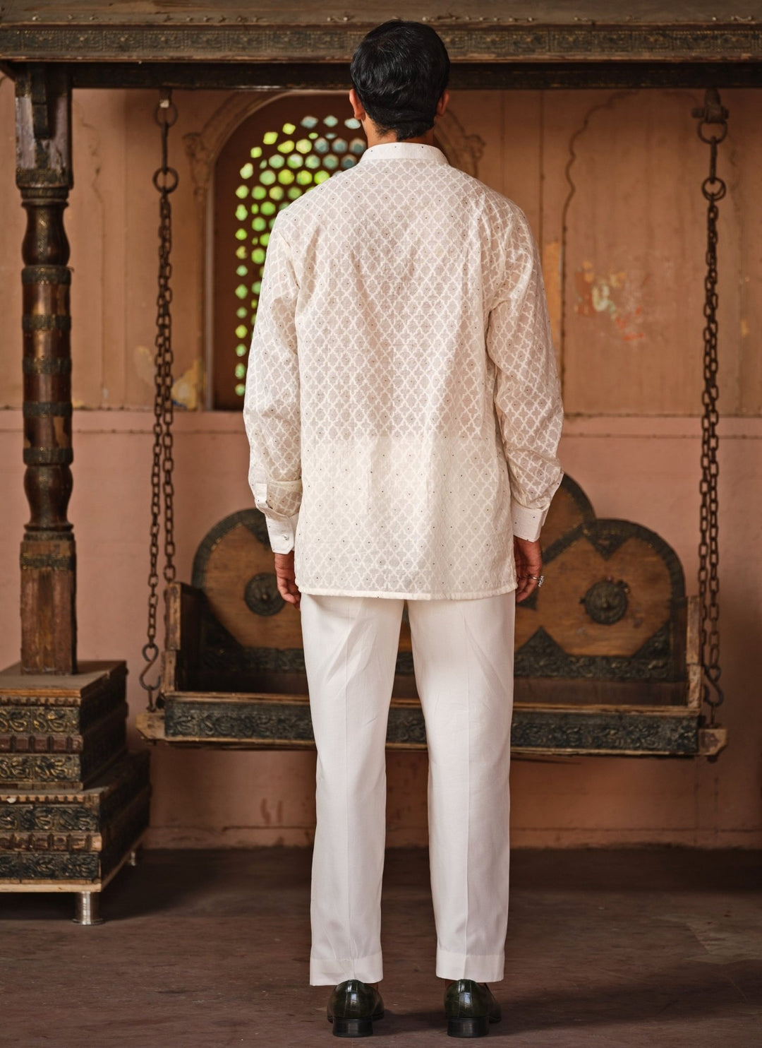 Darzi House Ivory Chanderi Jacquard Short Kurta Pants SetFabilicious Fashion