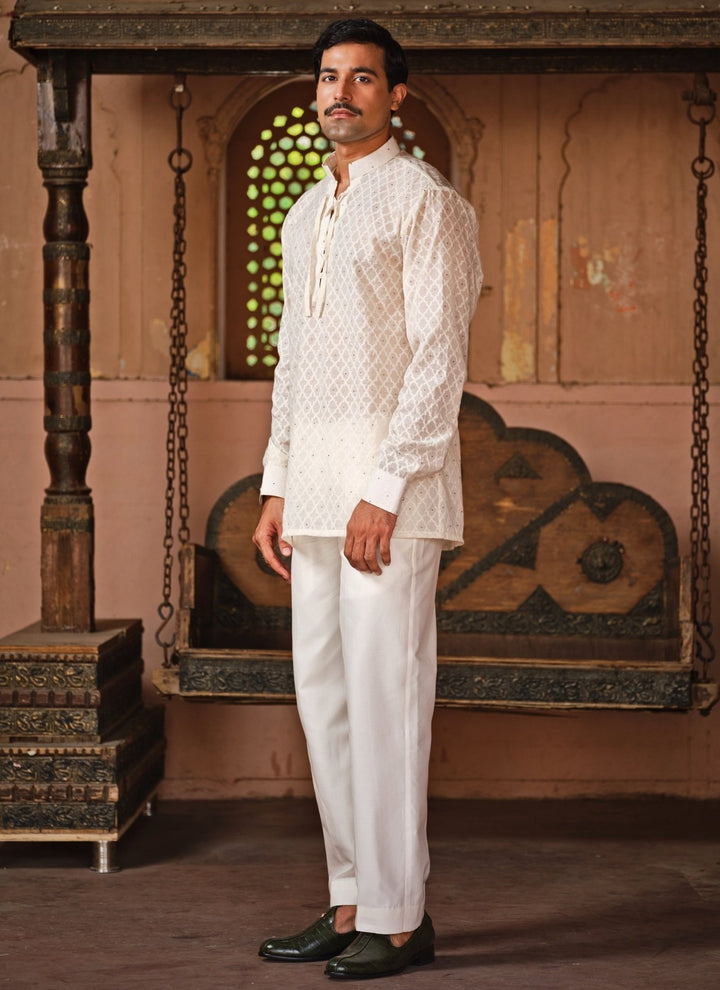 Darzi House Ivory Chanderi Jacquard Short Kurta Pants SetFabilicious Fashion
