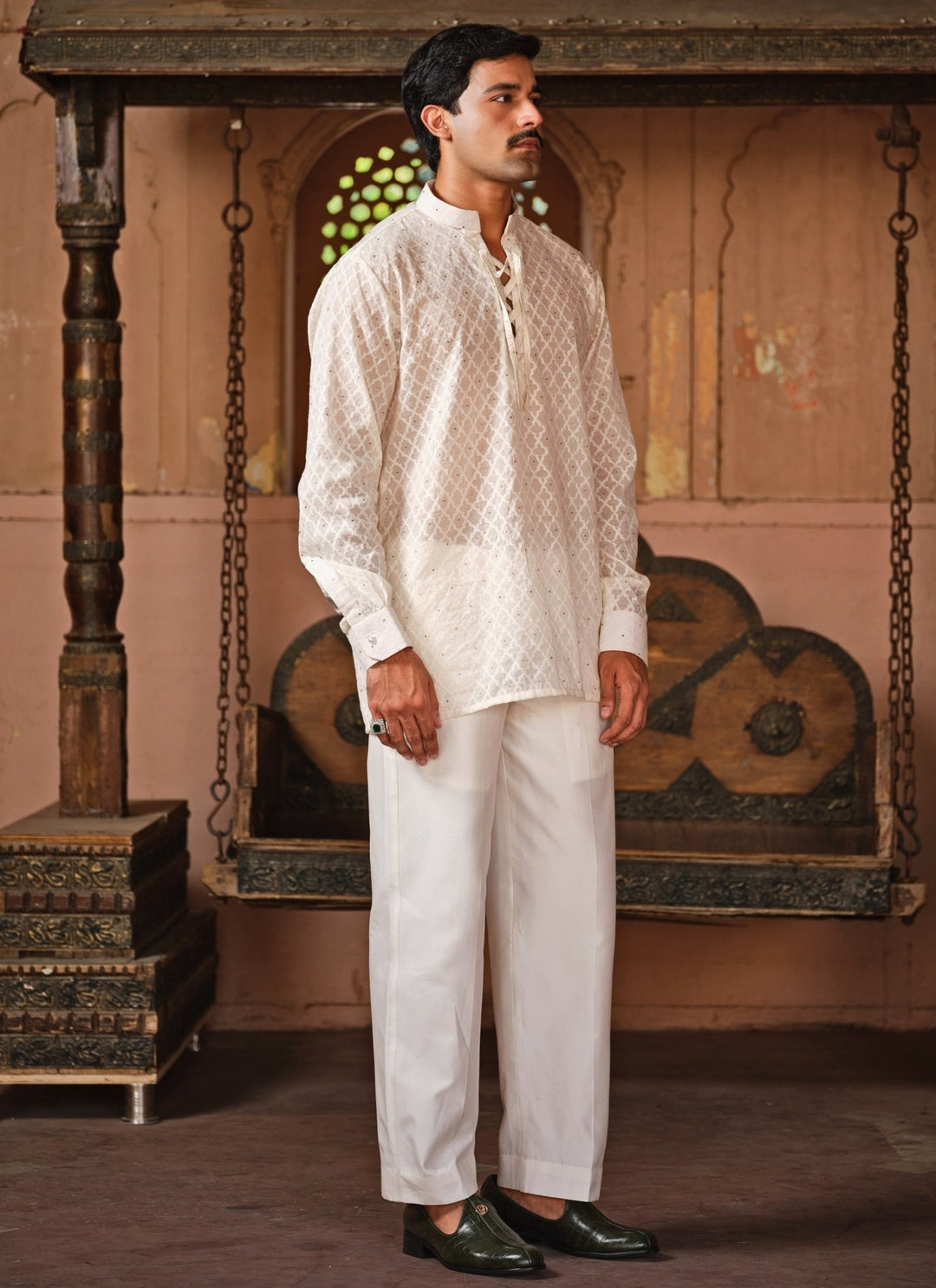 Darzi House Ivory Chanderi Jacquard Short Kurta Pants SetFabilicious Fashion