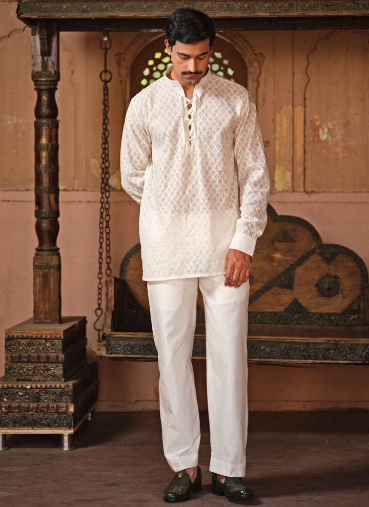 Darzi House Ivory Chanderi Jacquard Short Kurta Pants SetFabilicious Fashion