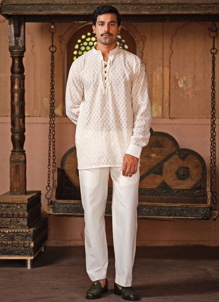 Darzi House Ivory Chanderi Jacquard Short Kurta Pants SetFabilicious Fashion