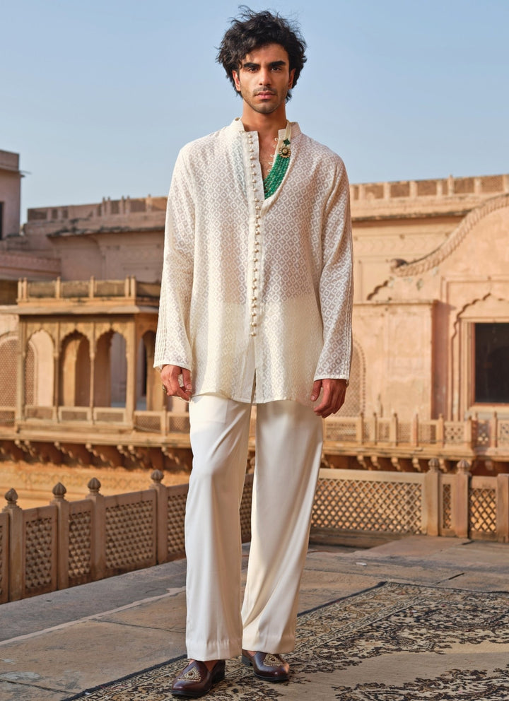 Darzi House Ivory Chanderi Jacquard Short Kurta SetFabilicious Fashion