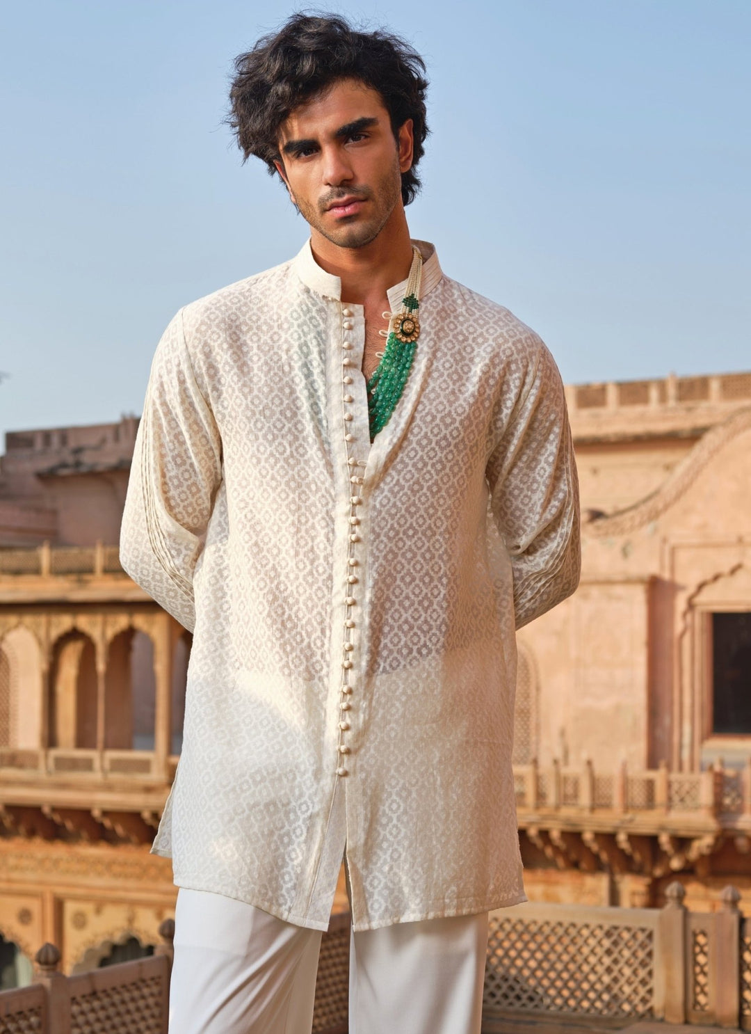 Darzi House Ivory Chanderi Jacquard Short Kurta SetFabilicious Fashion
