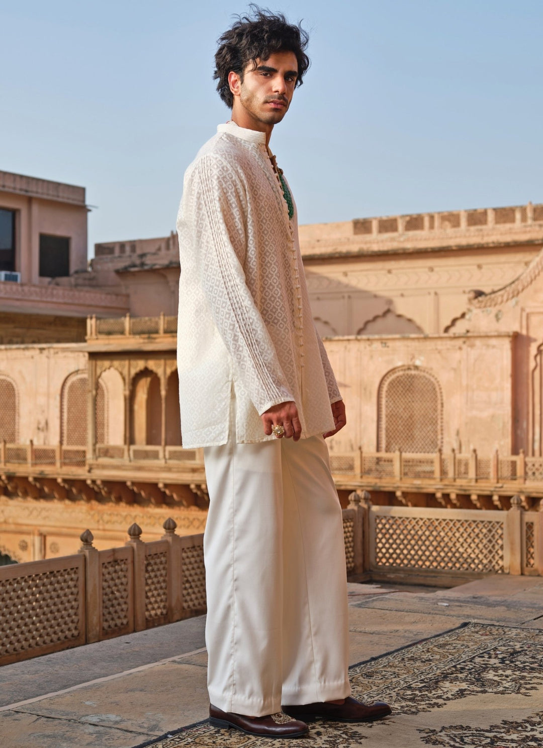 Darzi House Ivory Chanderi Jacquard Short Kurta SetFabilicious Fashion