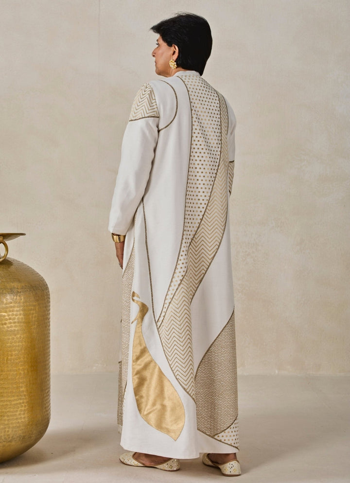 Ivory Chanderi Kurta Pant Set With Long Jacket Nitika Gujral - Fabilicious Fashion
