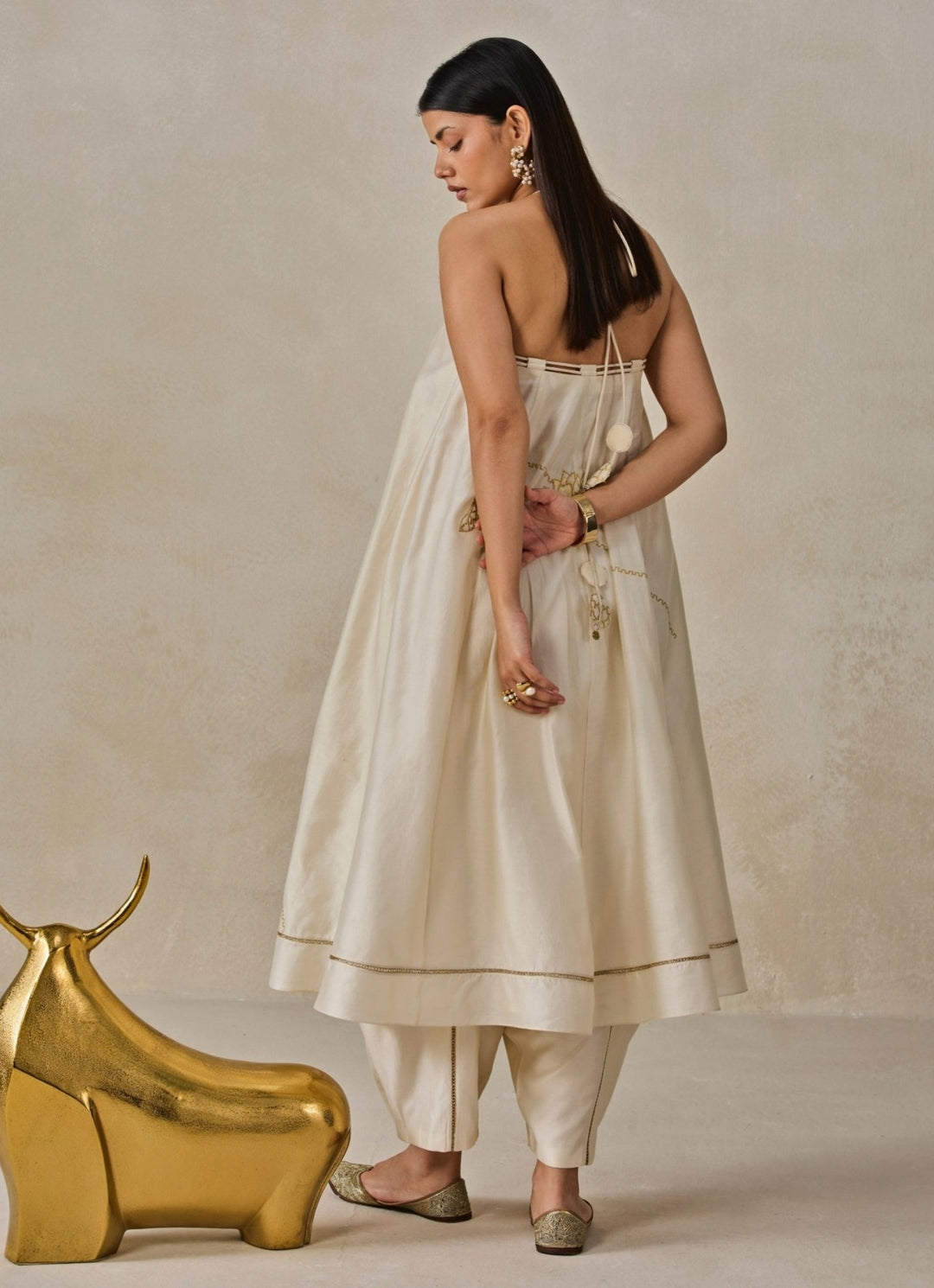 Ivory Chanderi Off - Shoulder Kurta Pants Set Nitika Gujral - Fabilicious Fashion