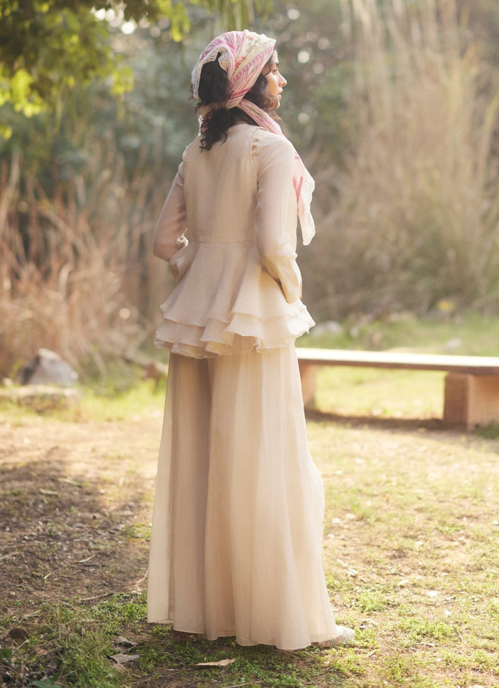 Ivory Chanderi Peplum Kurta Palazzo Set Paulmi and Harsh - Fabilicious Fashion
