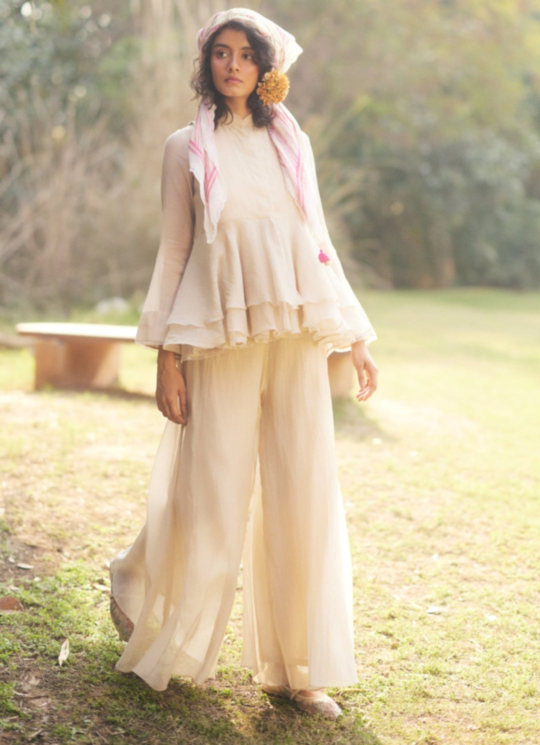 Ivory Chanderi Peplum Kurta Palazzo Set Paulmi and Harsh - Fabilicious Fashion
