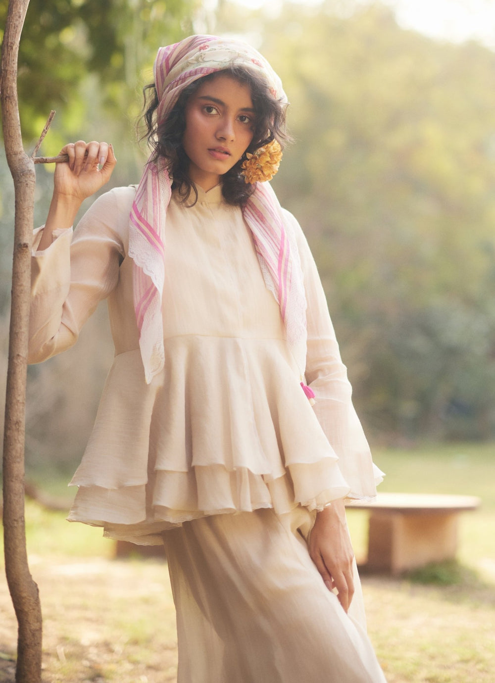 Ivory Chanderi Peplum Kurta Palazzo Set Paulmi and Harsh - Fabilicious Fashion