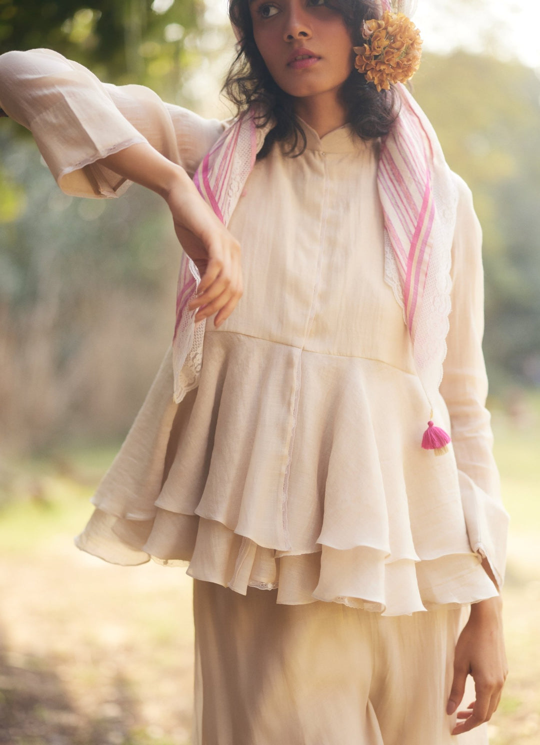Ivory Chanderi Peplum Kurta Palazzo Set Paulmi and Harsh - Fabilicious Fashion