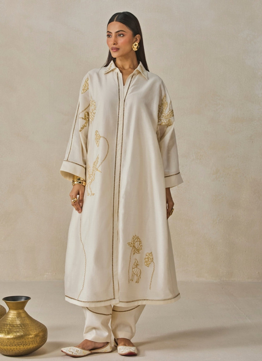 Ivory Chanderi Shirt Style Kurta Salwar Set Nitika Gujral - Fabilicious Fashion