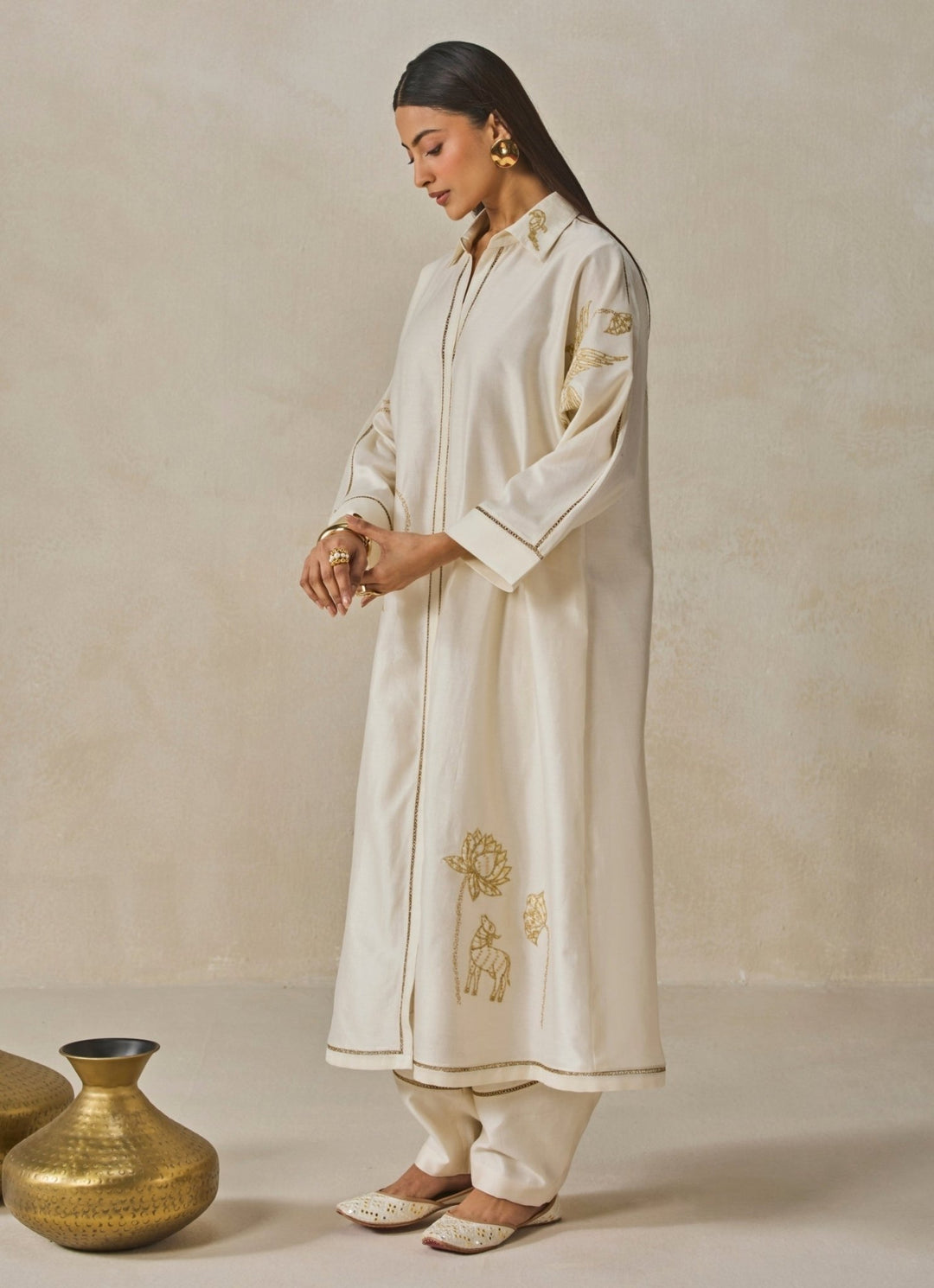 Ivory Chanderi Shirt Style Kurta Salwar Set Nitika Gujral - Fabilicious Fashion