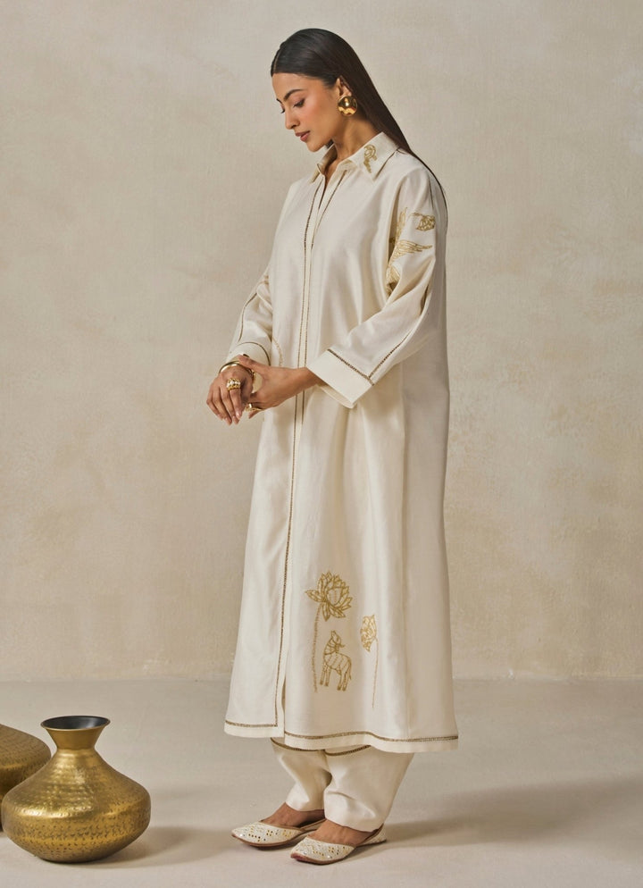 Ivory Chanderi Shirt Style Kurta Salwar Set Nitika Gujral - Fabilicious Fashion