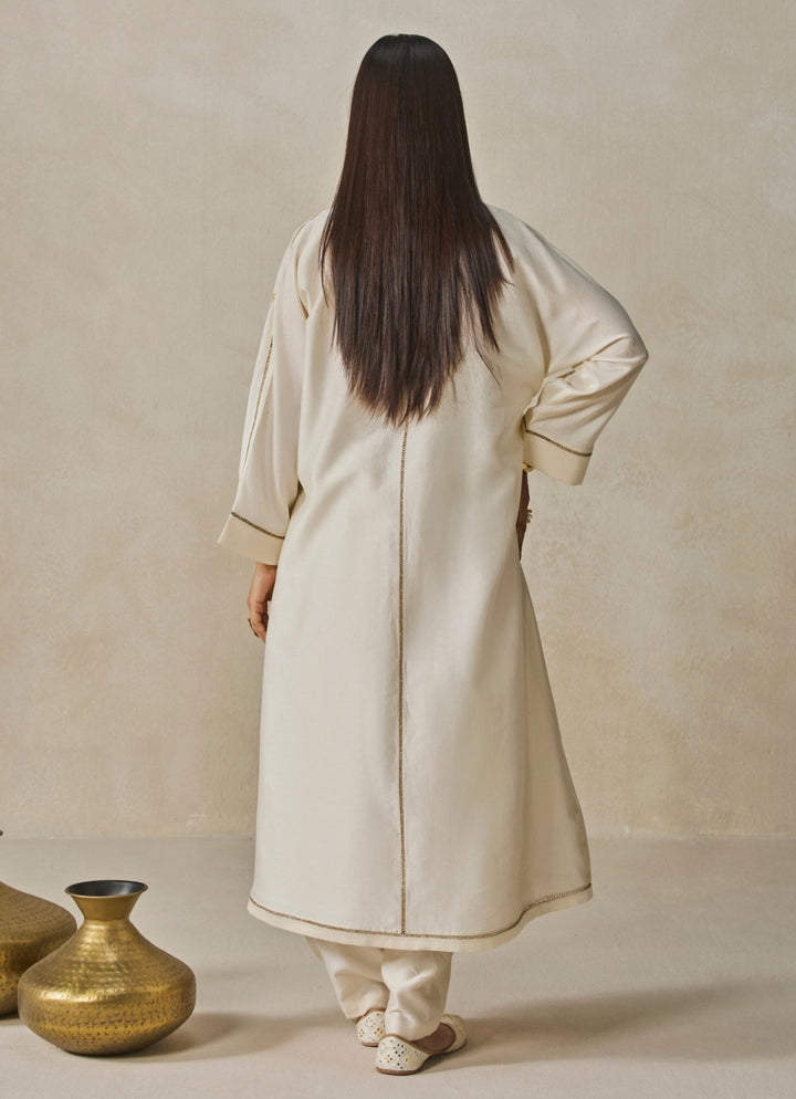 Ivory Chanderi Shirt Style Kurta Salwar Set Nitika Gujral - Fabilicious Fashion