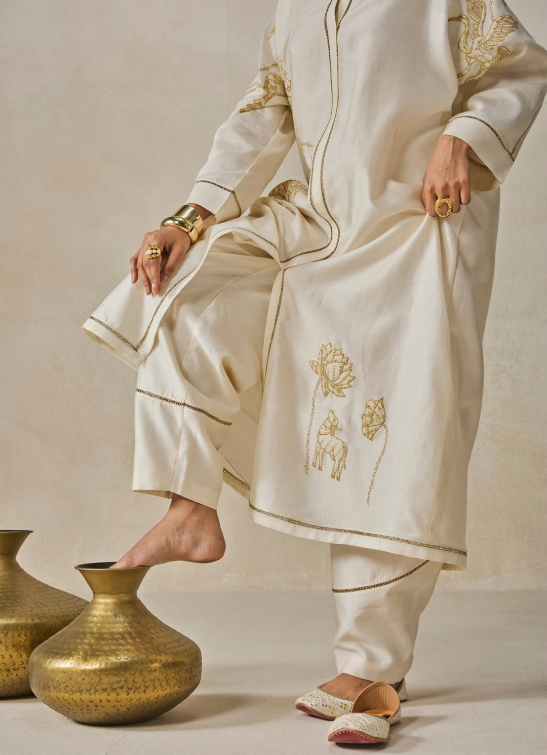 Ivory Chanderi Shirt Style Kurta Salwar Set Nitika Gujral - Fabilicious Fashion
