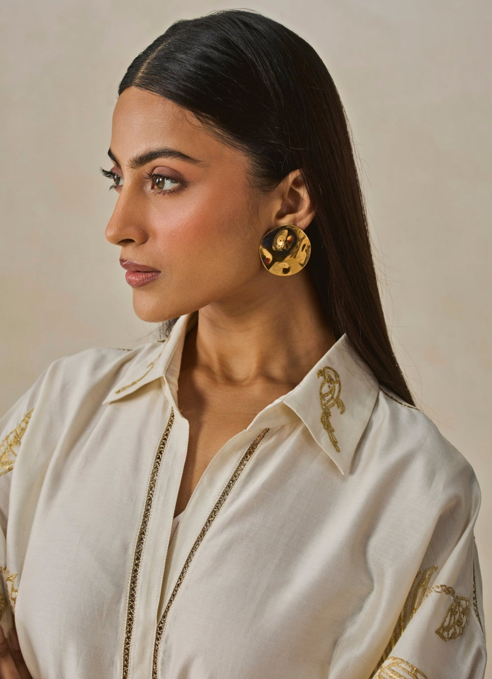 Ivory Chanderi Shirt Style Kurta Salwar Set Nitika Gujral - Fabilicious Fashion
