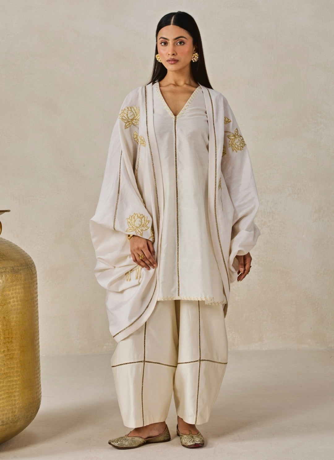 Ivory Chanderi Short Kurta Salwar Set With Jacket Nitika Gujral - Fabilicious Fashion