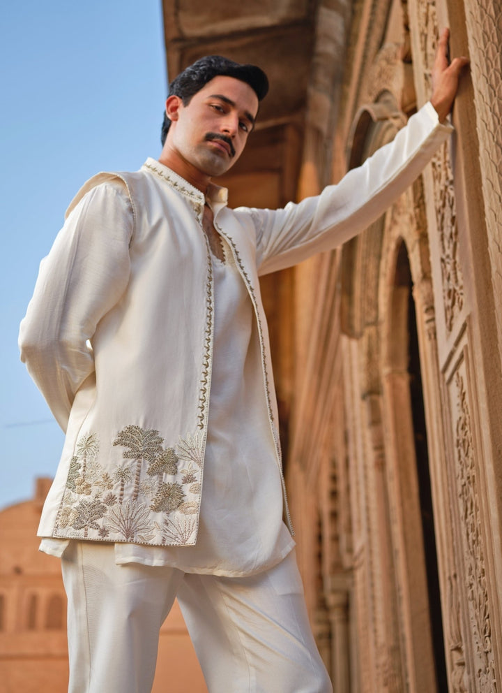 Darzi House Ivory Chanderi Silk Kurta Set with Nehru JacketFabilicious Fashion