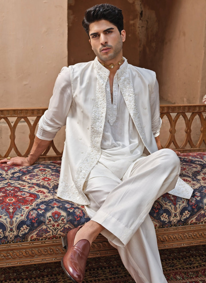 Darzi House Ivory Chanderi Silk Nehru Jacket SetFabilicious Fashion