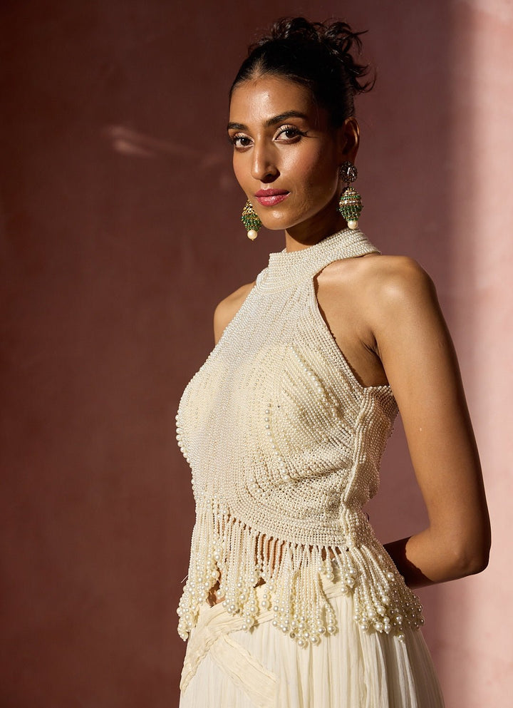 Ivory Chiffon Pleated Skirt Set With Halter Top Nitika Gujral - Fabilicious Fashion