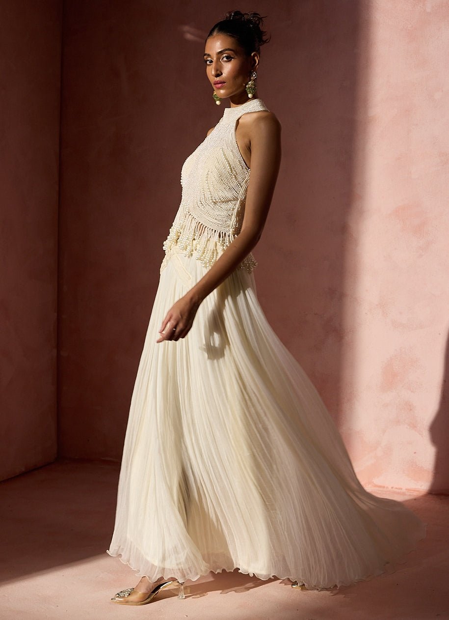 Ivory Chiffon Pleated Skirt Set With Halter Top Nitika Gujral - Fabilicious Fashion