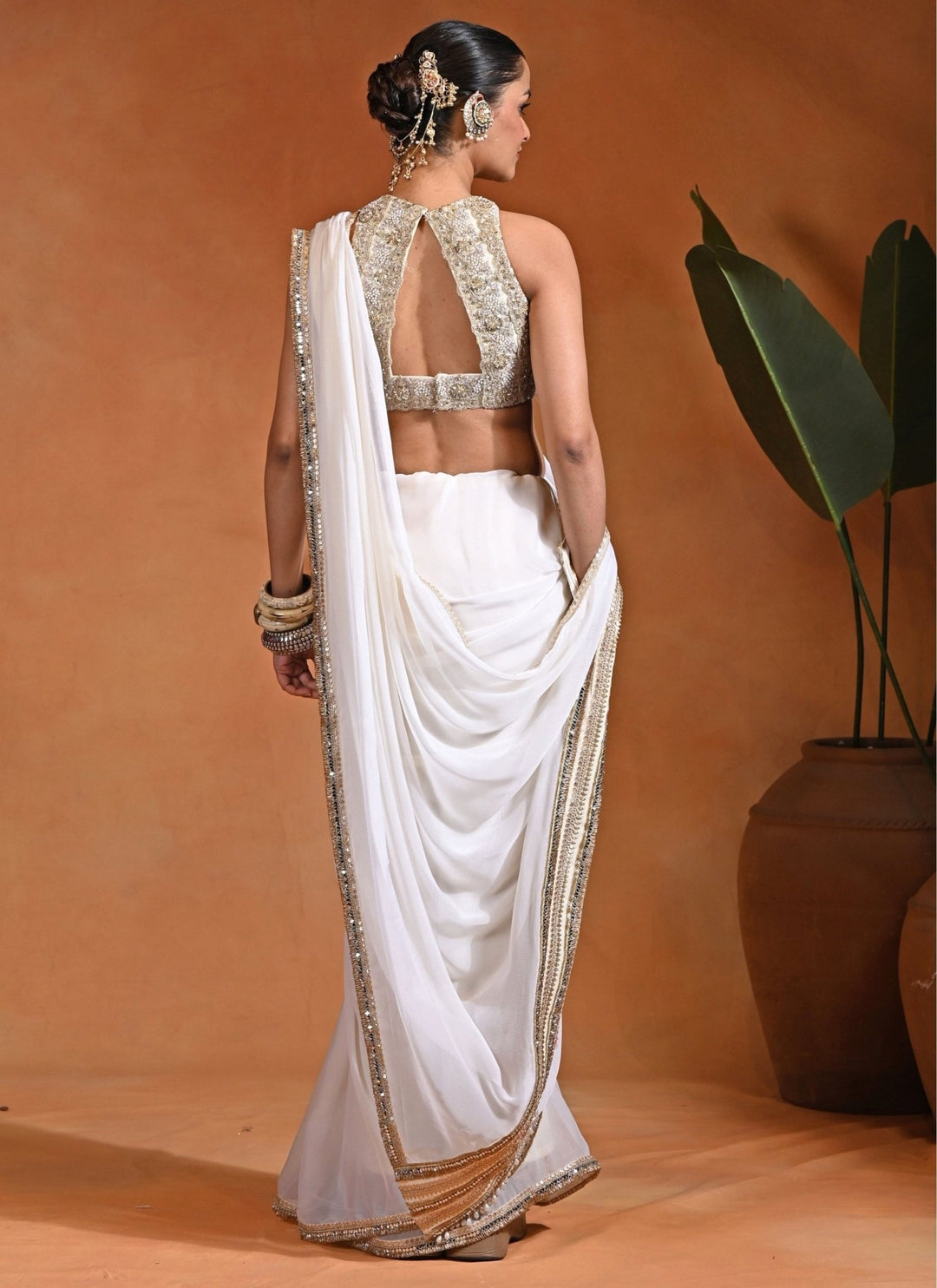 Rishi and Vibhuti Ivory Chiffon Pre-Draped Saree SetFabilicious Fashion