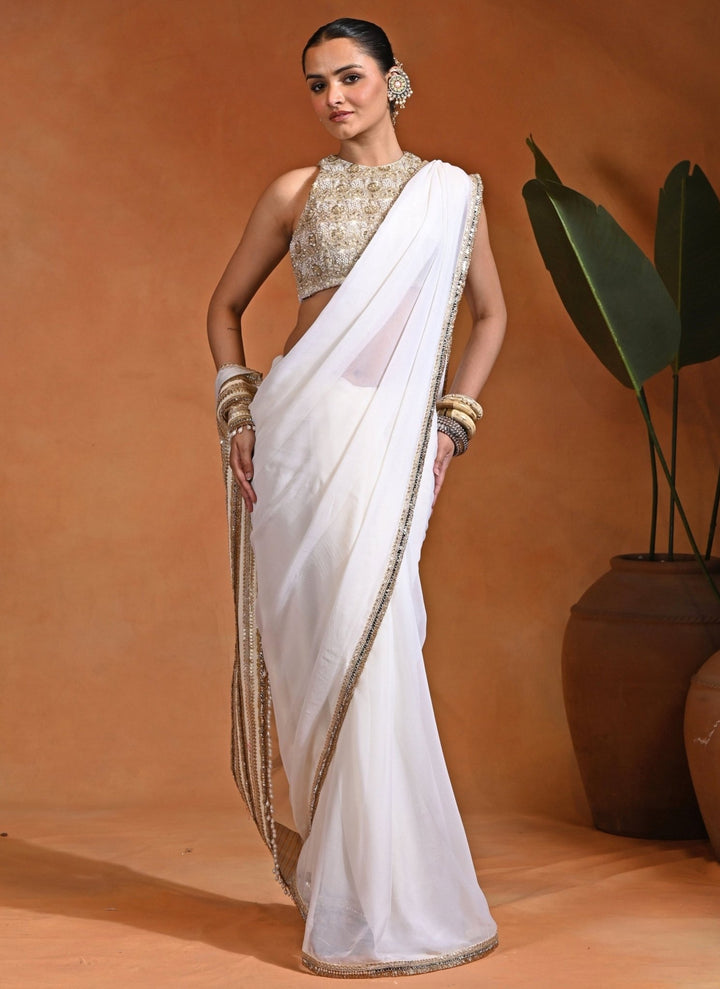 Rishi and Vibhuti Ivory Chiffon Pre-Draped Saree SetFabilicious Fashion