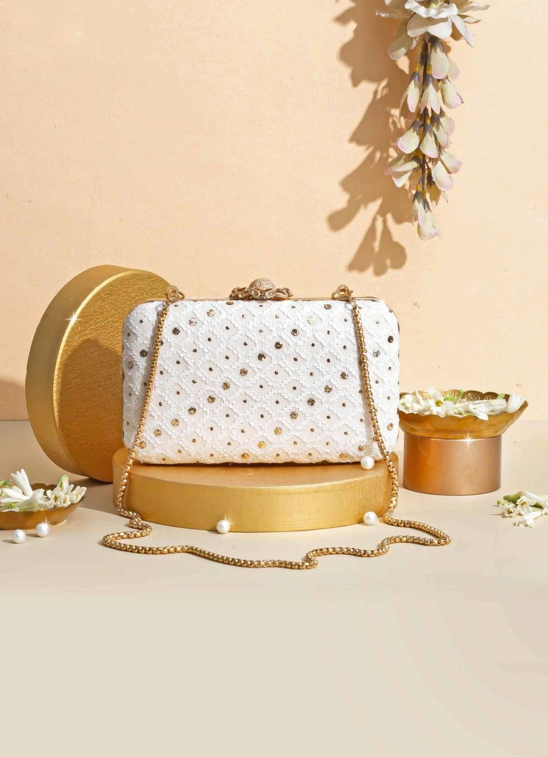 Ivory Chikankari Sequenced Clutch AMYRA - Fabilicious Fashion