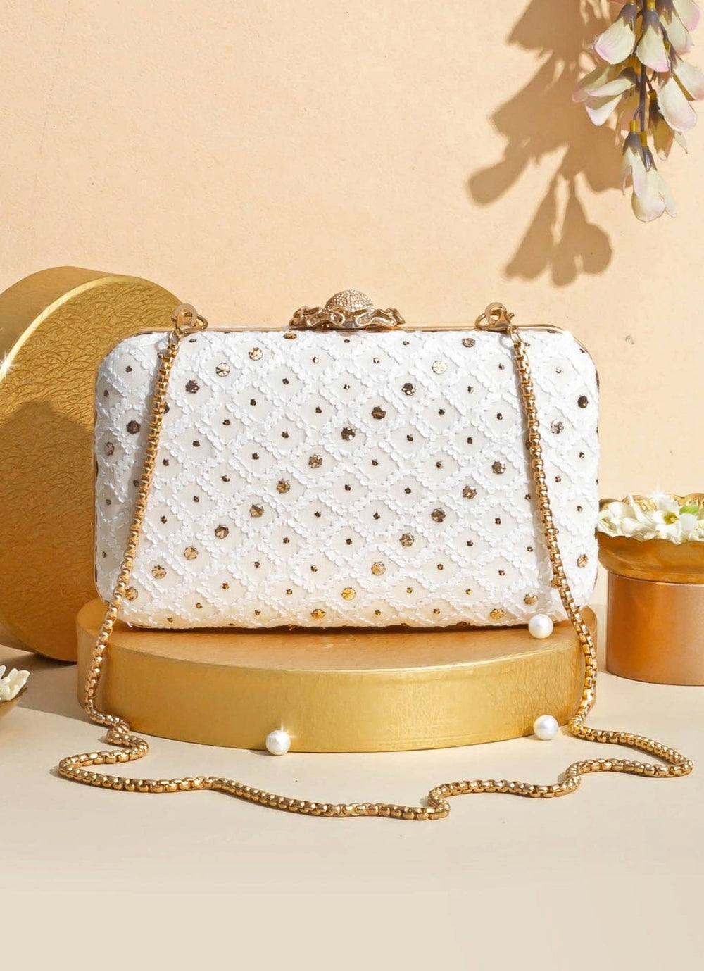 Ivory Chikankari Sequenced Clutch AMYRA - Fabilicious Fashion